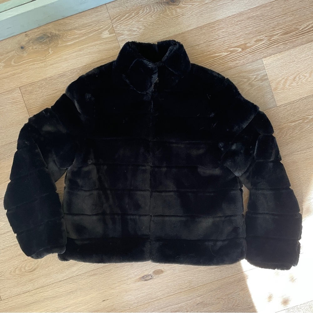 Faux fur black short zip jacket w pockets L - Picture 4 of 7